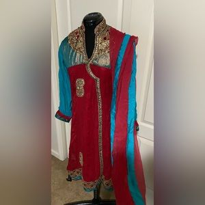 Ethnic Indian Pakistani women’s Bridal Red Blue Gold Angrakha Anarkali kurta set